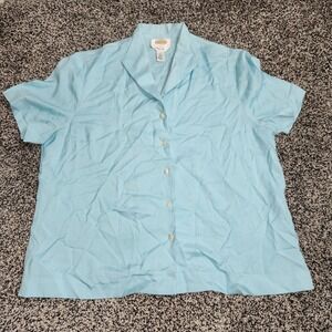 Talbots Pure Silk Button Up Short  Sleeve Shirt Summer Women Sz 12 Baby Blue